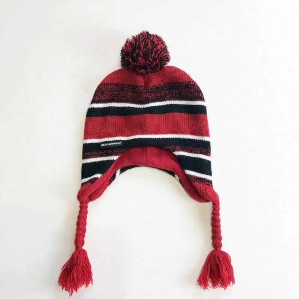 Weatherproof Kids Red Black Striped Earflap‎ Beanie Pom Pom Hat Size 4/7 AC002